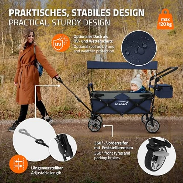 Hauki Bollerwagen XXL faltbar mit Dach, Blau-Grau, 360° drehbare Vorderräder, PU Räder mit Bremsen, Tragkraft 150 kg – Bild 3