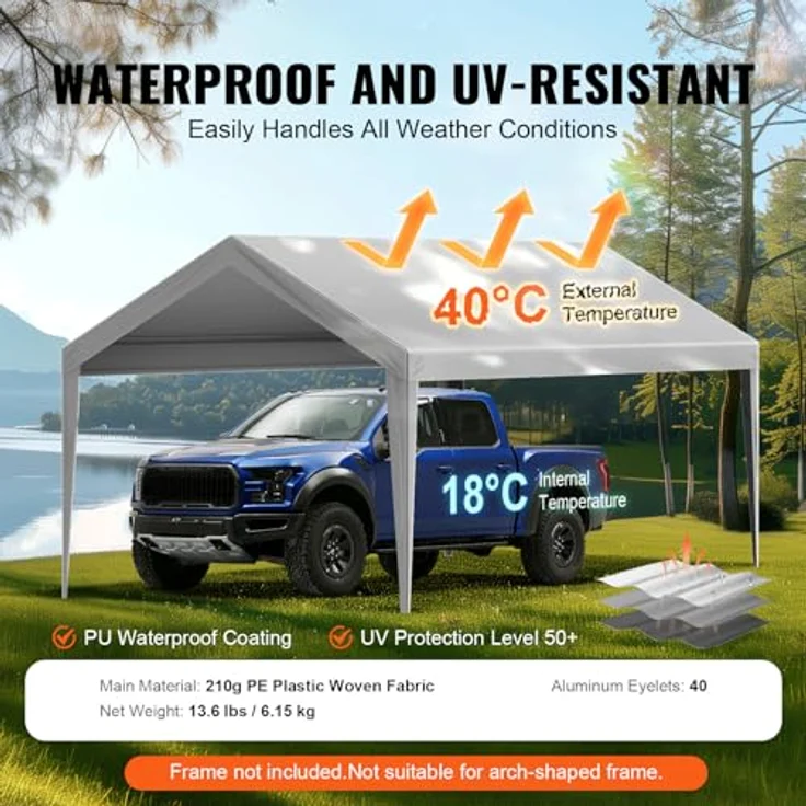 VEVOR Carport-Garagenzelt, 3 x 6 m, wasserdicht und UV-geschützt, einfache Installation mit Spanngurten, grau (nur Dachabdeckung, Rahmen nicht im Lieferumfang enthalten) – Bild 3