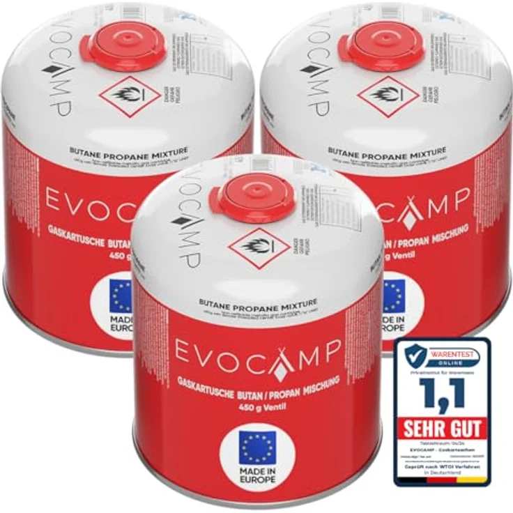 EVOCAMP 3X Propan Butan Gaskartuschen 450g, Schraubkartusche mit Sicherheits-Verschlussautomatik, kompatibel mit Weber Grills Q100/1000-Serien, 809ml – Bild 1