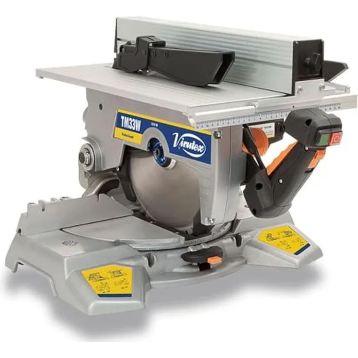 Virutex TM33W Tisch-Kappgehrungssäge, präzise und tragbare Maschine für Schnitte bis 200 x 45 mm, neigbar 0-45° und beidseitig schwenkbar, inkl. patentierter Motorbremse und Sicherheitssteuerung