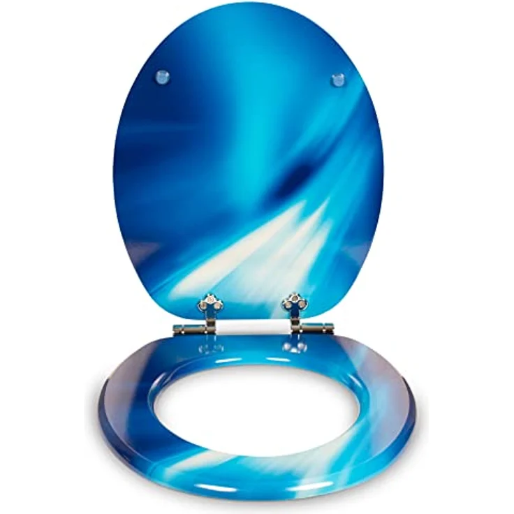 Sanfino WC Sitz Wave, Toilettendeckel aus Holz mit Absenkautomatik, blau mit Motiv, verchromte Metallscharniere, einfache Montage – Bild 3