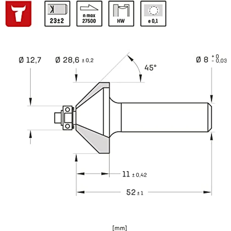 STIER Fasenfräser mit Kugellager HM (HW) Ø 28,6 mm Schaft- Ø 8 mm, 45 Grad Fräser, Oberfräse, HM Hartmetall-bestückt, für Massivhölzer und Plattenwerkstoffe – Bild 2