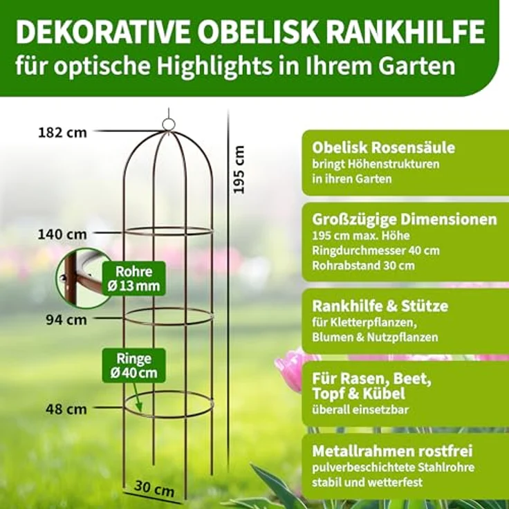 TTL Garden Obelisk Rankhilfe XL, 195 cm hohe rosafarbene Rankgitter aus rostfreiem Stahl für Kletterpflanzen wie Rosen und Clematis, pulverbeschichtet, 40 cm Ø, variabel in der Höhe – Bild 2