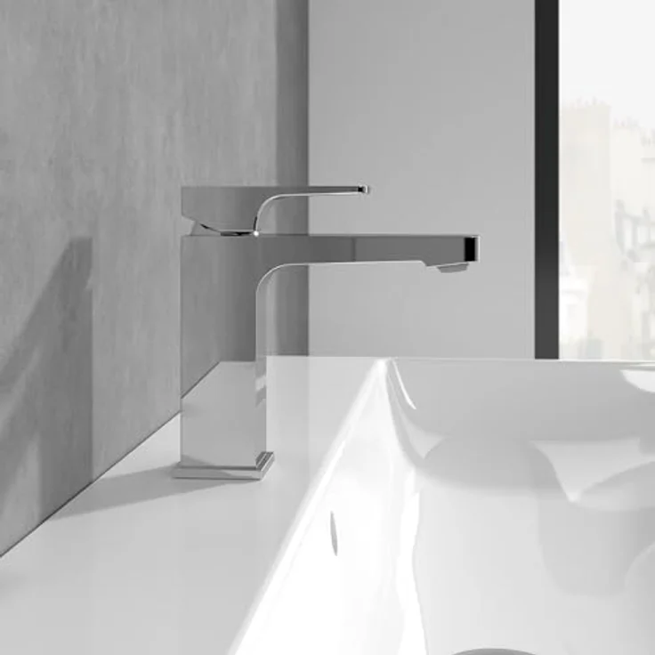 Villeroy & Boch Architectura Square Waschtischarmatur, Wasserhahn Bad mit Zugstange und Keramikkartusche, Waschbeckenarmatur wassersparend, Auslauf Höhe 113mm, eckig, Chrom – Bild 3