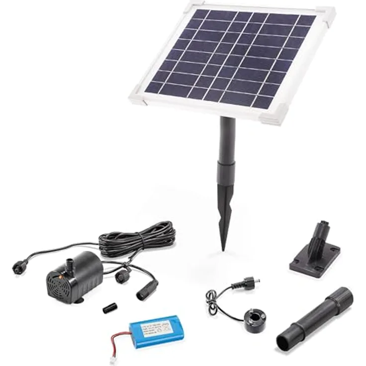 esotec Solar Pumpensystem 140l/h, LED Lichtring, LiFe-Akku, inkl. Solarmodul und Pumpe, für Gartenbrunnen und Wasserspiele, IP68, 101921