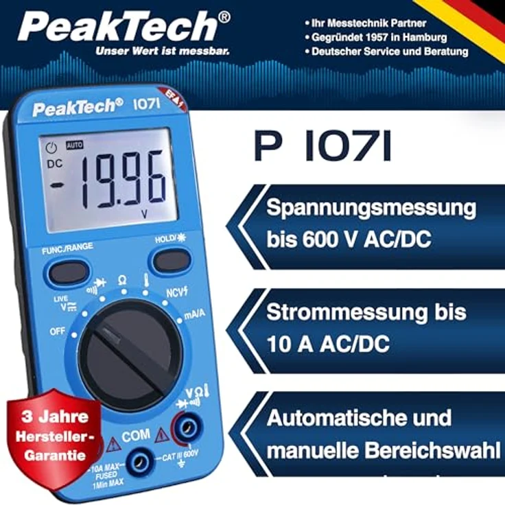 PeakTech P1071 – Digital Multimeter 10A AC/DC mit Auto-Range, 2.000 Counts LCD-Display, CAT III 600V, robustes Messgerät mit NCV-Modus und LED-Beleuchtung – Bild 2