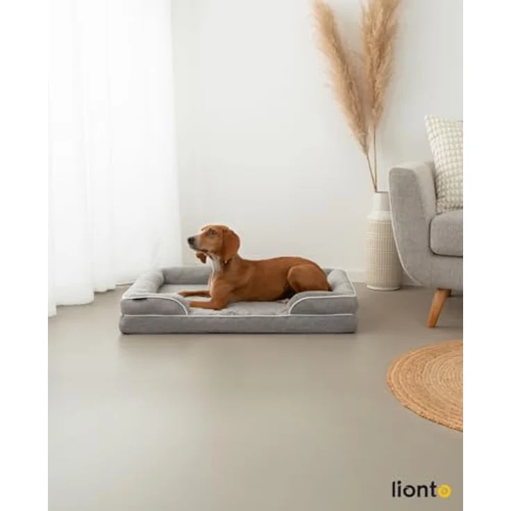 lionto orthopädisches Hundebett mit erhöhtem Rand, 97x71x17 cm, robustes Hundekissen aus weichem Flanell, abnehmbarer & waschbarer Bezug, rutschfest, für große & kleine Hunde sowie Katzen, grau – Bild 2