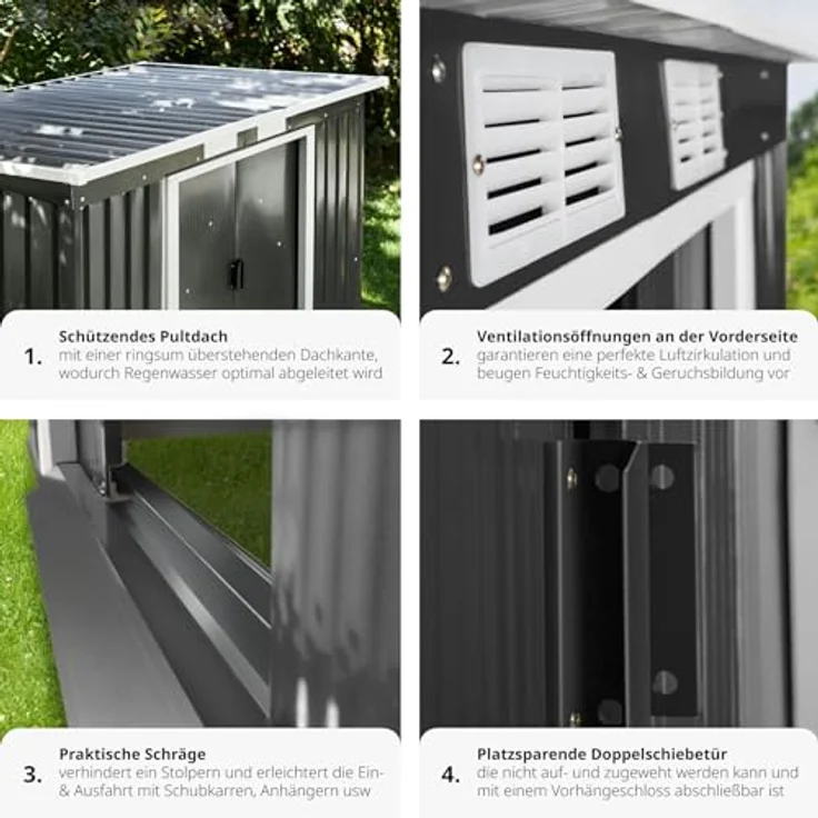 tectake® Metall Gartenhaus mit Schrägdach, Geräteschuppen Garten, 4 m³ Lagerfläche - grau/weiß, Schiebetür und Metallfundament – Bild 5