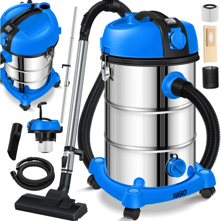 MASKO® Industriestaubsauger Staubsauger Nass Trocken Sauger Edelstahl 2300W + Steckdose | Blasfunktion | Trocken-Saugen & Nass-Saugen | Push&Clean | Industrie-Sauger mit & ohne Beutel | beutellos, Silber