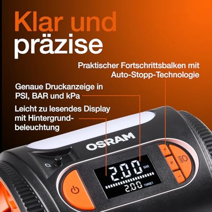Osram OTI2120 Kompressor TYREinflate 2120, schneller Reifenfüller mit digitalem Display und Auto-Stopp-Funktion, 3 m Kabel, flexibel 60 cm Schlauch – Bild 5