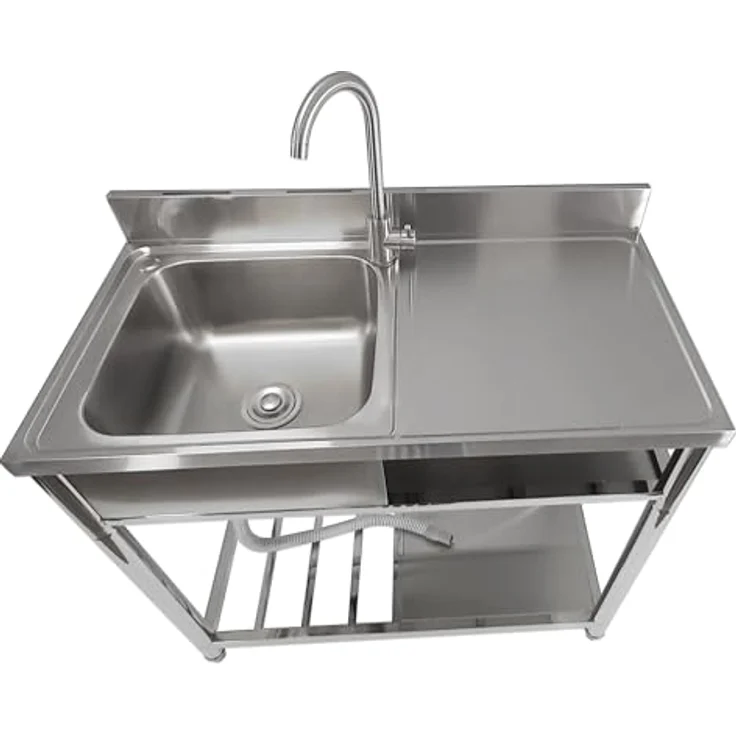 Lemodo Spültisch mit Ablagefläche, freistehend, Wasserhahn mit Kalt Warm Anschluss, Edelstahl, mobil einsetzbar, 99,8 cm x 51,4 cm x 90 cm - Preisvergleich – Bild 2