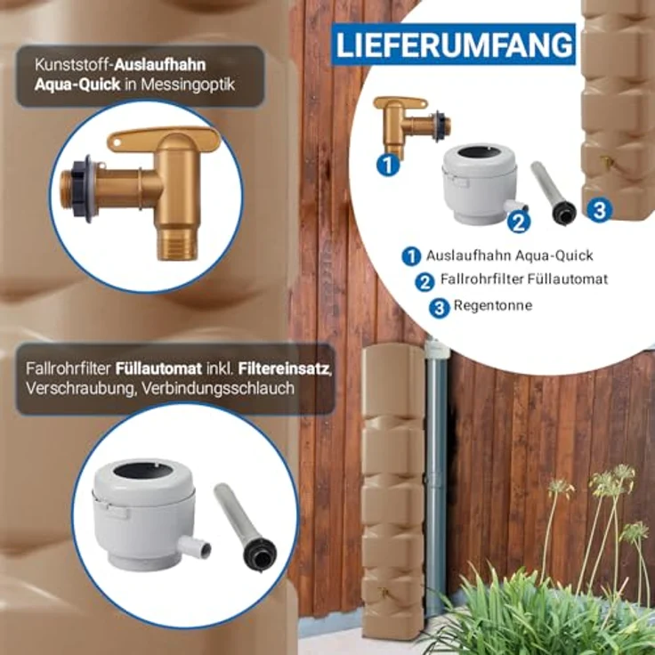 4rain Basic Regentonne Set 300 Liter, taupe, platzsparendes Design, wetterfest und langlebig, inklusive Fallrohrfilter und Auslaufhahn – Bild 4