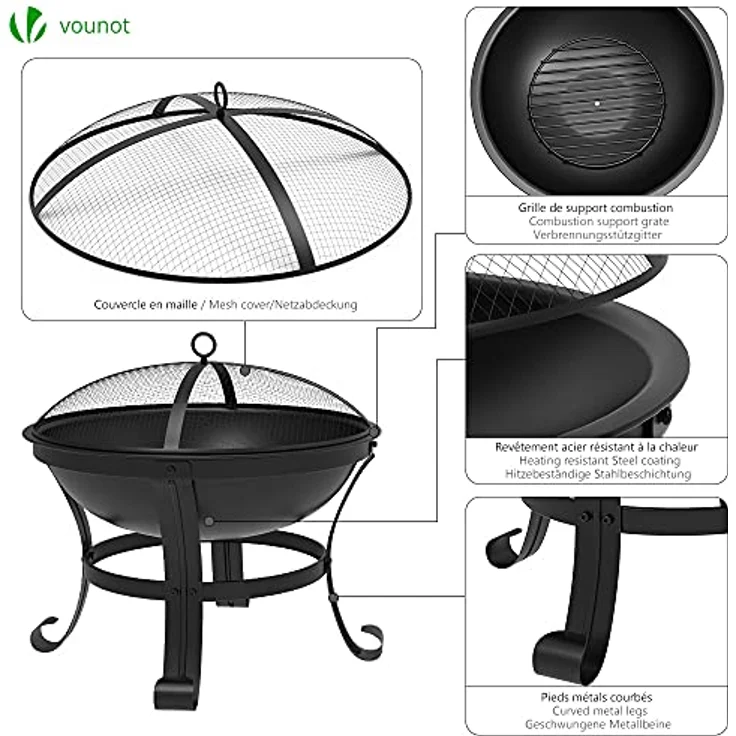 VOUNOT Feuerschale mit Funkenschutz, Feuerkorb Feuerstelle für Heizung, Garten, Camping, Terrasse, Ø 55 cm, Schwarz – Bild 4