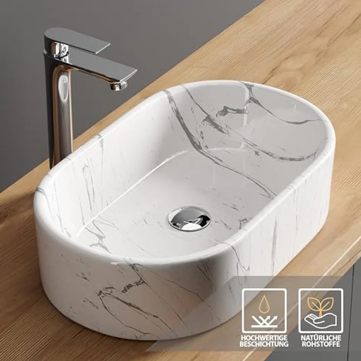 Planetmöbel Aufsatzwaschbecken Aquil Elegant, ovales Badezimmer Waschbecken 55 cm, marmor weiß, hochglänzend für Waschtisch – Bild 2