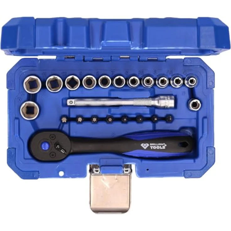 Brilliant Tools Bit- und Steckschlüsselset BT020023, 23-teiliges 1/4" Set mit 12 Sechskant-Stecknüssen und 8 Bits, Chrom-Vanadium-Stahl, matt verchromt, im praktischen Koffer – Bild 7