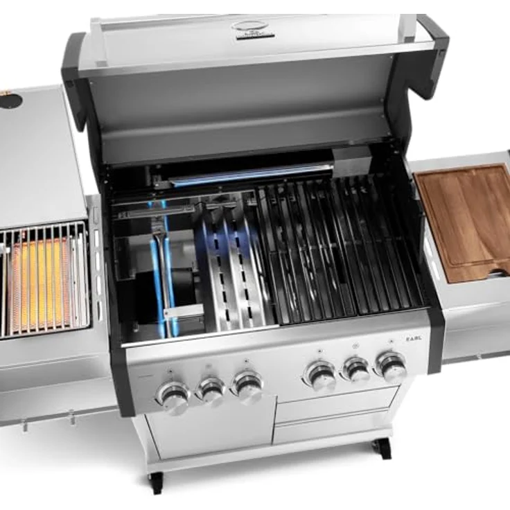BURNHARD Big EARL 4-Brenner Gasgrill Edelstahl inkl. Heckbrenner, mit Gusseisen Grillrost & stabiler Abdeckhaube, Seitenkochfeld mit Infrarot Keramikbrenner, Silber – Bild 5