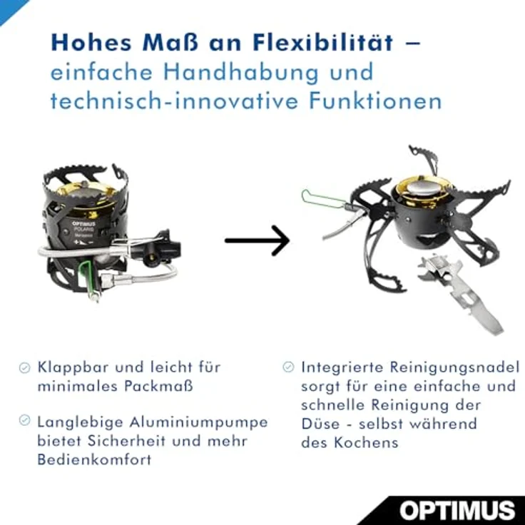 Optimus Polaris Optifuel, Mehrstoff-Campingkocher mit 3300 Watt Gasleistung, inkl. Aluminiumpumpe und Windschutz – Bild 3