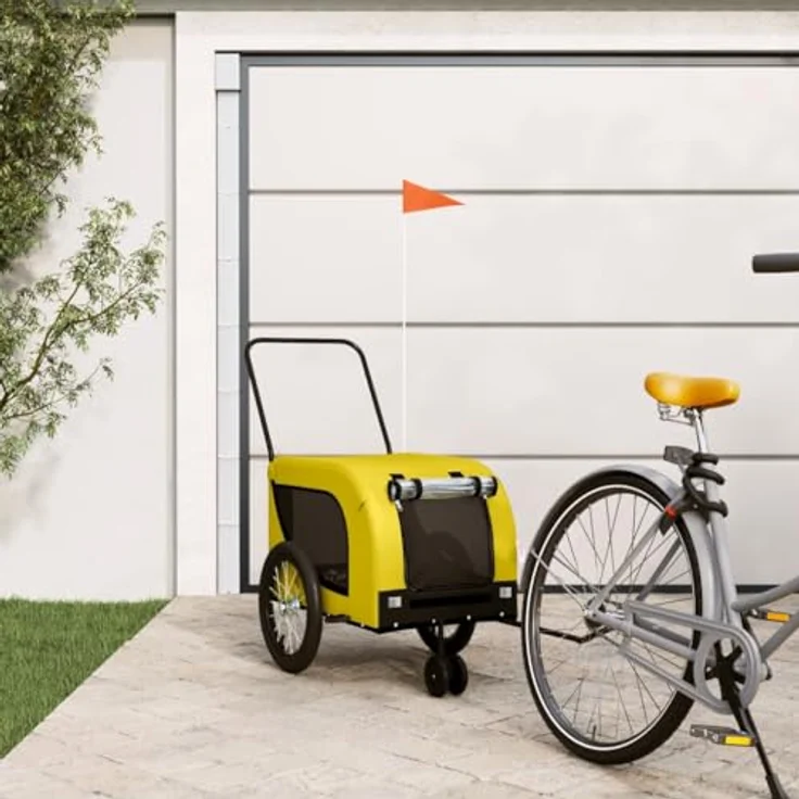 vidaXL Hunde-Transportbox Fahrradanhänger Gelb und Schwarz Oxford-Gewebe & Eisen, Reflektoren und Flagge für sicheres Fahren – Bild 2