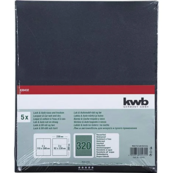 kwb 830432 Schleif-Papier wasser-fest Schleif-Bogen Wasserfest für Glas, Stein, Metall, Karosserie- und Lackier-Arbeiten, 230 x 280 mm, verschweißt 5 Stk. Korn K-320, Made in Europe - Preisvergleich – Bild 2