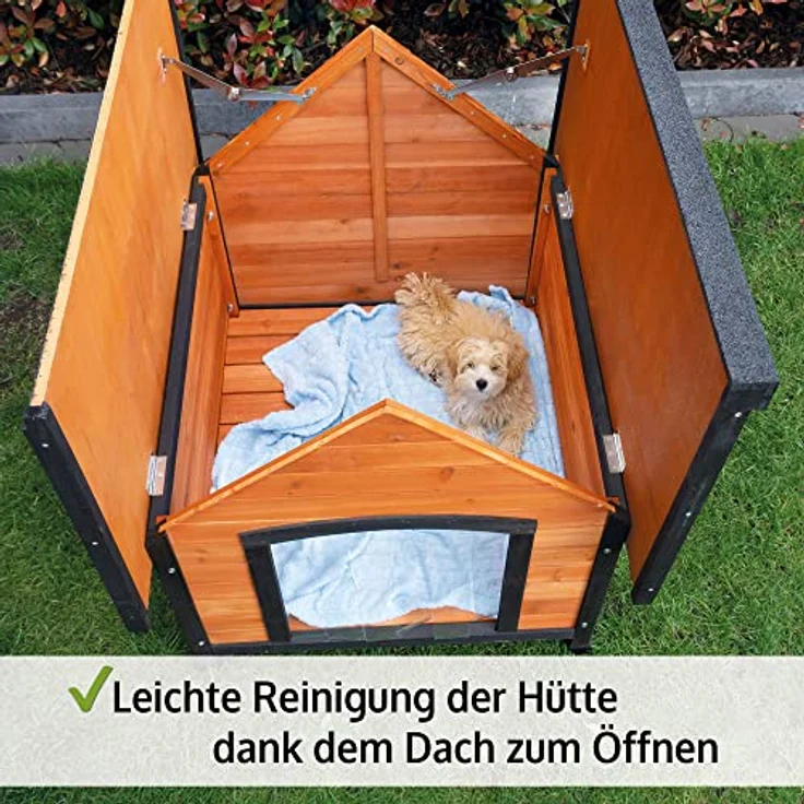 zooprinz Premium Hundehütte Luna, wetterfestes Vollholz, Dach zum Öffnen, Lamellentür, braun-schwarz, 2 Größen (L und XXL) – Bild 2