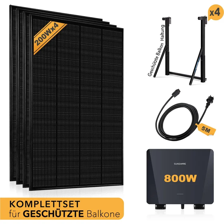 EnjoySolar® SunshareRay 800W Balkonkraftwerk Komplettset – 4x200W Solarmodule, Mikrowechselrichter, für Betonbalkon, 5m AC-Netzkabel, 0% MwSt.