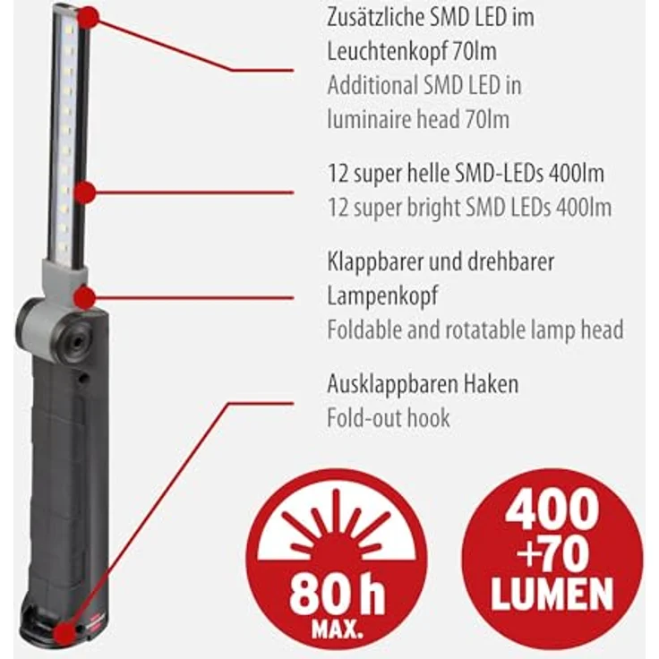 Brennenstuhl Akku LED Arbeitsleuchte SANSA 401 A/LED Werkstattlampe mit Akku und Magnet (max. 80h Leuchtdauer, 400+70lm, zusammenklappbar auf Taschenformat, inkl. USB C Ladekabel) – Bild 2