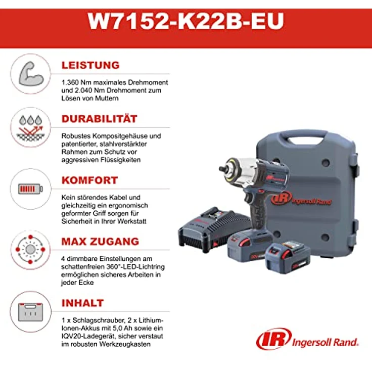 Ingersoll-Rand Akku Schlagschrauber Set W7152-K22B-EU, mit 1.360 Nm Drehmoment und 2x Litium Ionen 20V Akkus 5,0 Ah im Werkzeugkoffer, Ratschenschlüsselset 1/2 Zoll inklusive Ladegerät – Bild 2