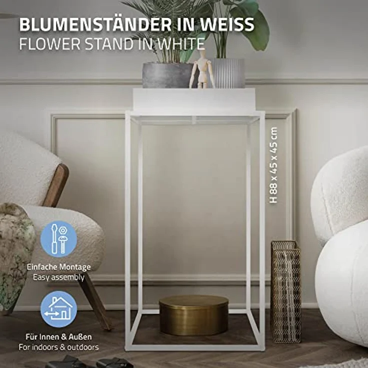 ML-Design Pflanzenständer Weiß aus Metall, 45x45x80 cm, quadratisch, stapelbar, Ablagefläche mit hohem Rand, Blumenständer mit abnehmbarem Tablett, Innen/Außen, Pflanzkasten Blumenkasten Beistelltisch – Bild 2