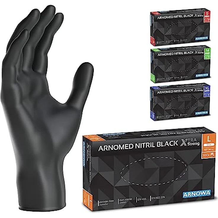 ARNOMED Einweghandschuhe Schwarz XTRA STRONG, Extra dicke Nitrilhandschuhe L, 100 Stk., latexfrei, puderfrei, reißfest, für Lebensmittel geeignet – Bild 1