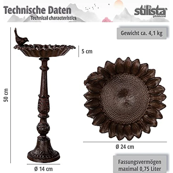 STILISTA Vogeltränke freistehend aus Gusseisen, Modellwahl, 50 x 24 cm, Braun – Bild 5