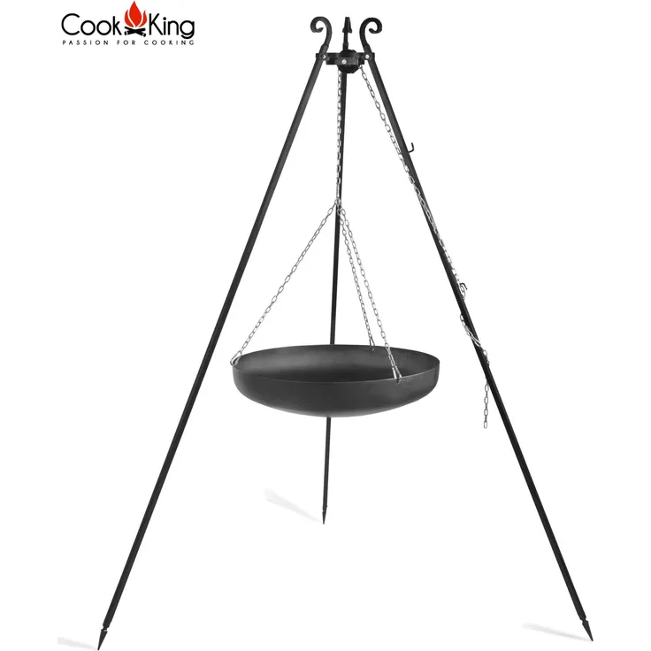 Cook King Wok am Dreibein, 180 cm hoch, aus Rohstahl, 70 cm Durchmesser, pulverbeschichtet, handgemacht in Europa