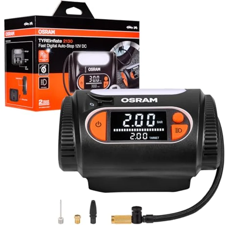 Osram OTI2130 TYREinflate 2130, Reifen-Kompressor mit digitalem Display, Auto-Stopp-Funktion und 3,5 m Stromkabel – Bild 1