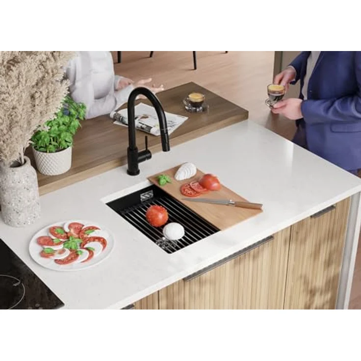 Primagran Unterbauspüle Granit Schwarz 46x47cm, 1 Becken + Ablauf-Set + Aufrollbare Abtropffläche, Grande XXL Becken - Prag – Bild 3