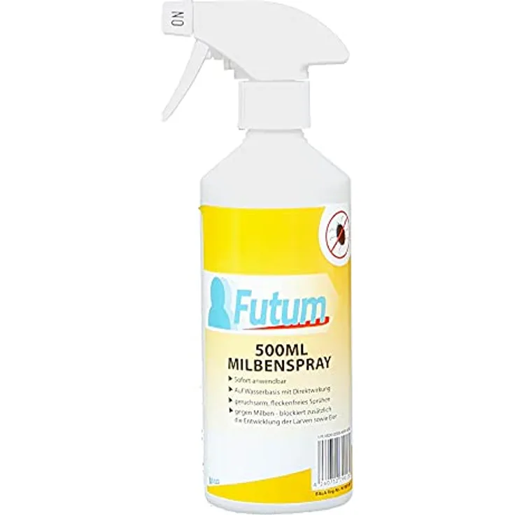 Futum Anti-Milben-Spray | 500ml Milbenmittel | Gegen Milben | Hausstaubmilben | Bekämpft Milben Eier | Auf Wasserbasis, fleckenfrei, geruchlos, mit Schnell- & Langzeitwirkung
