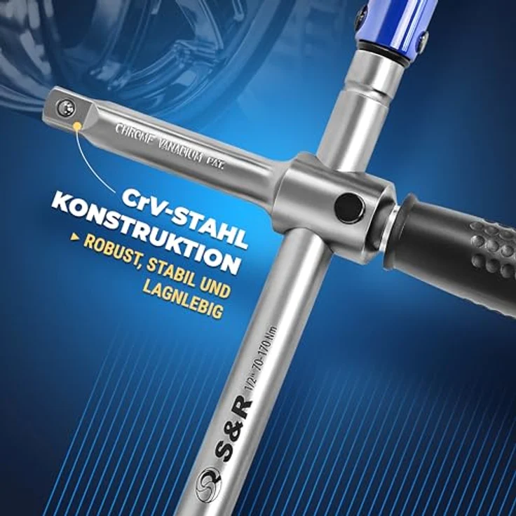 S&R Drehmomentschlüssel neues Patent: 2 in 1 Kreuz-Drehmoment-Schlüssel mit Spindelgriff, 1/2 Zoll, CRV-Stahl, stabiler Koffer, 3 Stecknüsse 17, 19, 21 mm – Bild 2