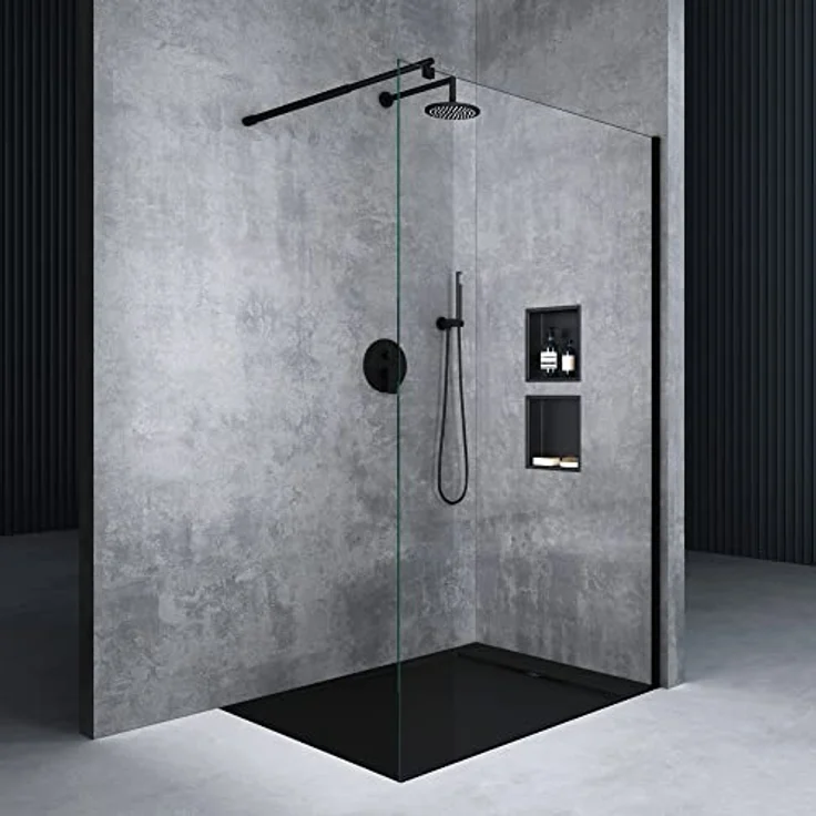 Mai & Mai Duschwand Bremen2, Walk-In Duschabtrennung 150x200cm, Schwarz, 10mm ESG-Sicherheitsglas, NANO-Beschichtung, beidseitig montierbar, inkl. Stabilisator BRAM1 – Bild 1