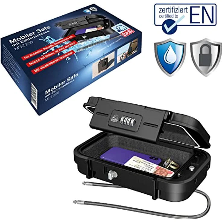 BASI | Mobiler Safe | Tragbare Sicherheitsbox mit Zahlenschloss | 4-stellige Zahlenkombination | abnehmbares Sicherungskabel | Mini-Tresor mit Drahtseil | L24 x B14 x H5,8 cm | IPX5 Wasserschutz – Bild 2