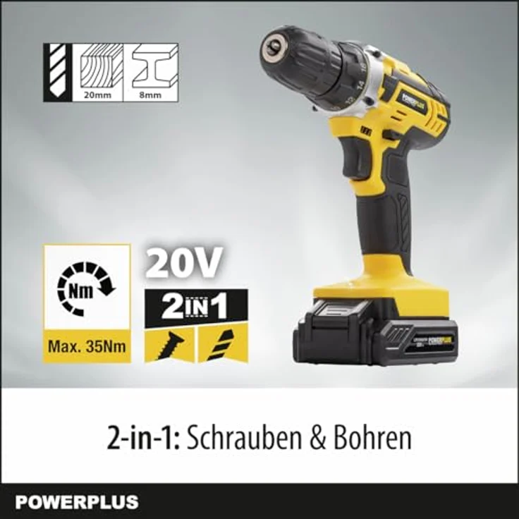Powerplus POWX00501, 20V Akku Schrauber & Bohrer mit 35 Nm Drehmoment, 19 Drehmomentstufen, LED-Leuchte und 3 Akkus im Koffer – Bild 2