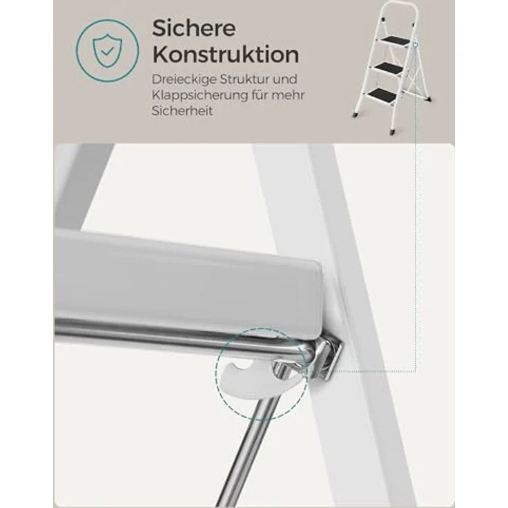 SONGMICS Trittleiter, Leiter mit 3 Stufen, Klapptritt, Klappsicherung, einfach zu verstauen, bis 150 kg belastbar, basisweiß GSL03WT – Bild 4