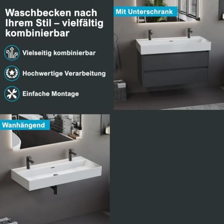 Aqua Bagno Loft Air 100 Doppelwaschbecken 100cm weiß eckig Wandmontage Aufsatzwaschtisch – Bild 4