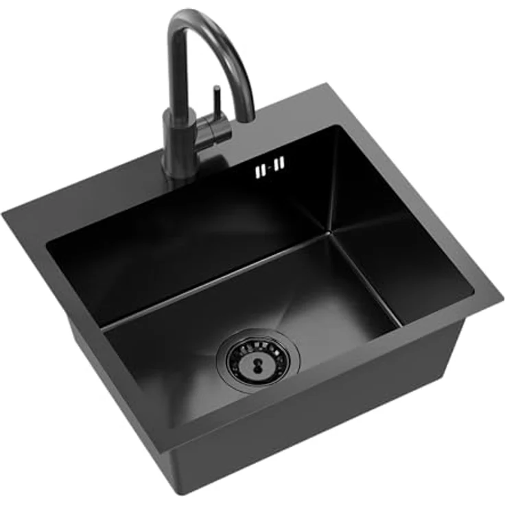 VBChome Edelstahlspüle mit Armatur 50 x 45 cm Schwarz Einbauspüle mit Hahnloch und großer Becken Ablaufgarnitur - PVD Schwarze Armatur und hygienisches SteelQ-Edelstahl – Bild 2