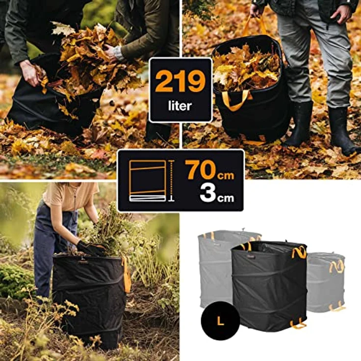 Fiskars Großer PopUp-Gartensack mit Griffen, Platzsparend faltbar, Fassungsvermögen: 219 L, Höhe: 70 cm, Breite: 56 cm, Schwarz-Orange, Ergo, 1028373 – Bild 4