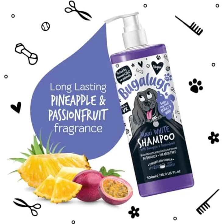 Bugalugs Hundeshampoo Maxi White, PH-neutrales Tiershampoo für strahlendes, weiches Fell, 500 ml, Ananas-Marakuja-Duft – Bild 2