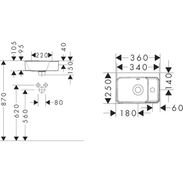 hansgrohe Xanuia Q Handwaschbecken, 1 Hahnloch, mit Überlauf, 360x250mm, weiss – Bild 2