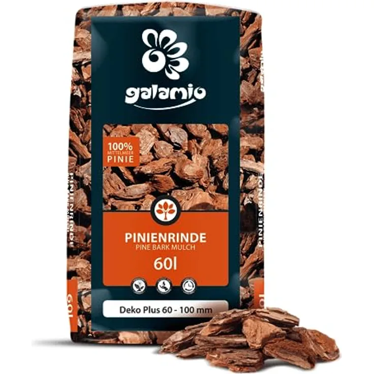 GALAMIO Pinienrinde Deko Plus, 60-100mm Rindenmulch, dekorativer Bodenbelag für Garten und Terrarium, 60l Sack