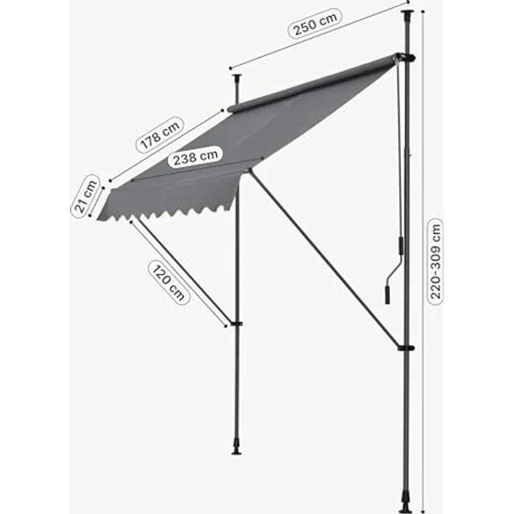 Pro.tec - Klemmmarkise 250x120x200-300cm ohne Bohren Mittelgrau – Bild 3