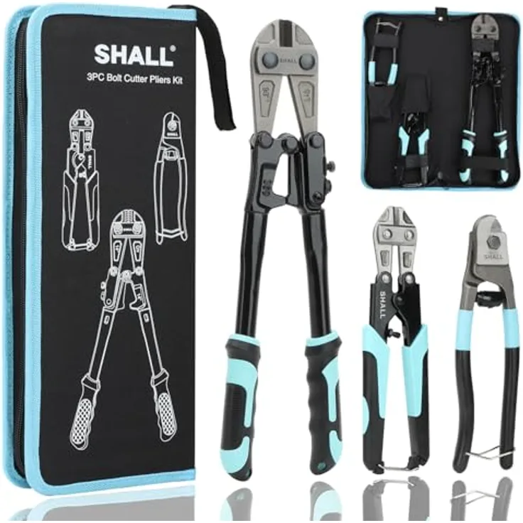 SHALL 3-teiliges Bolzenschneider-Set, 14" Hochleistungs-Bolzenschneider, 8" Drahtschneider, 8" Drahtseilschere, ergonomischer Griff, Sicherheitsschloss, Tragetasche aus 600D-Gewebe, schwarz