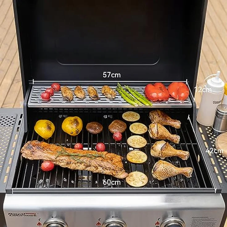 Royal Gourmet Gasgrill Grillwagen 3 Brenner 9 kW Camping Gaskocher mit Kochplatte, Gartengrill mit Flaschenöffner, Druckminderer und Gasschlauch Grillrost ca. 60 x 42 cm, Schwarz – Bild 4