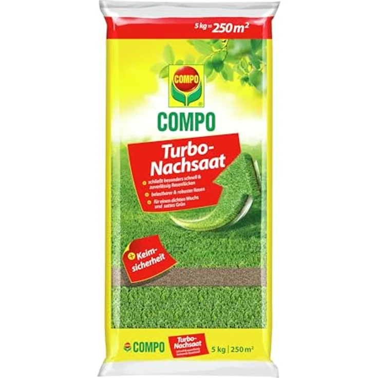 COMPO Turbo‑Nachsaat Premium Rasensamen, 5,0 kg für 250 m², schnellkeimend und strapazierfähig, ideal für kahle Stellen – Bild 1