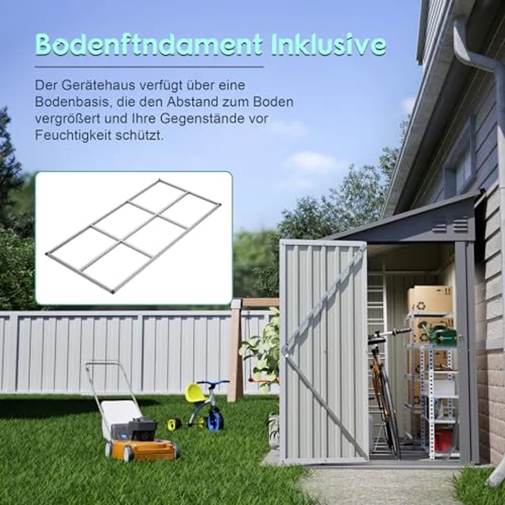 Thanaddo Metall Gerätehaus Gartenhaus 110x229x192cm, wetterfester Geräteschuppen mit Pultdach und Metallfundament, grau – Bild 5